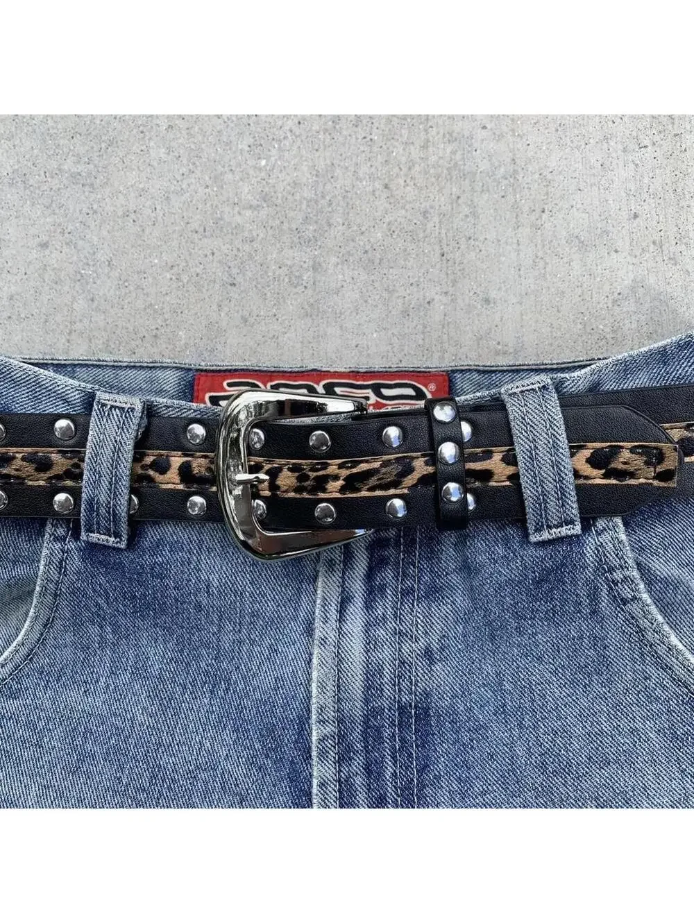 Cheetah print studded silver belt buckle belt. Punk gothic y2k style. 37 inches